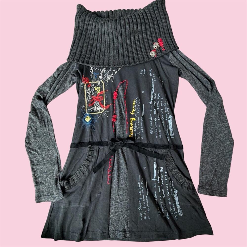 Euro Loline mixed-media black off the shoulder sweater dress